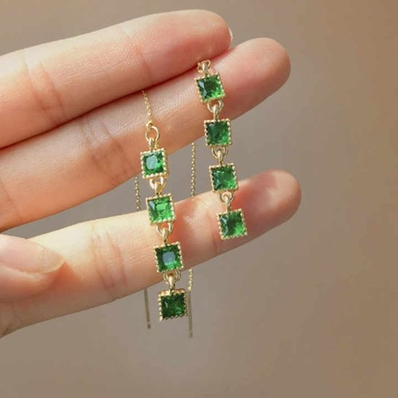 đ 18K Yellow Gold Plating Emerald Dangle Earrings For Women, HA4520 - Picture 2 of 6